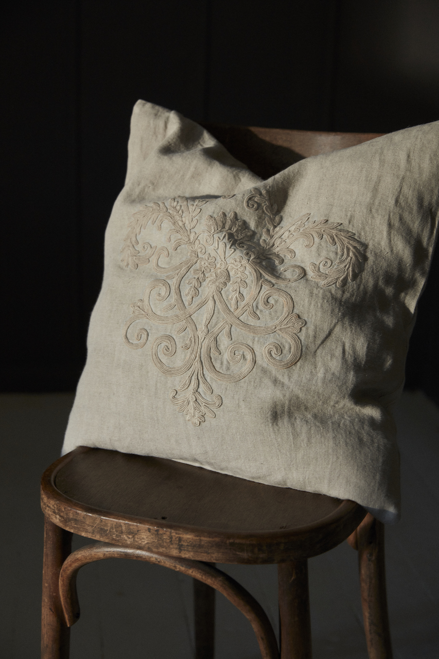 Linen embroidered cushion cover and down pillow insert – Natural