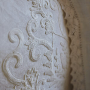 Linen embroidered cushion cover and down pillow insert – White